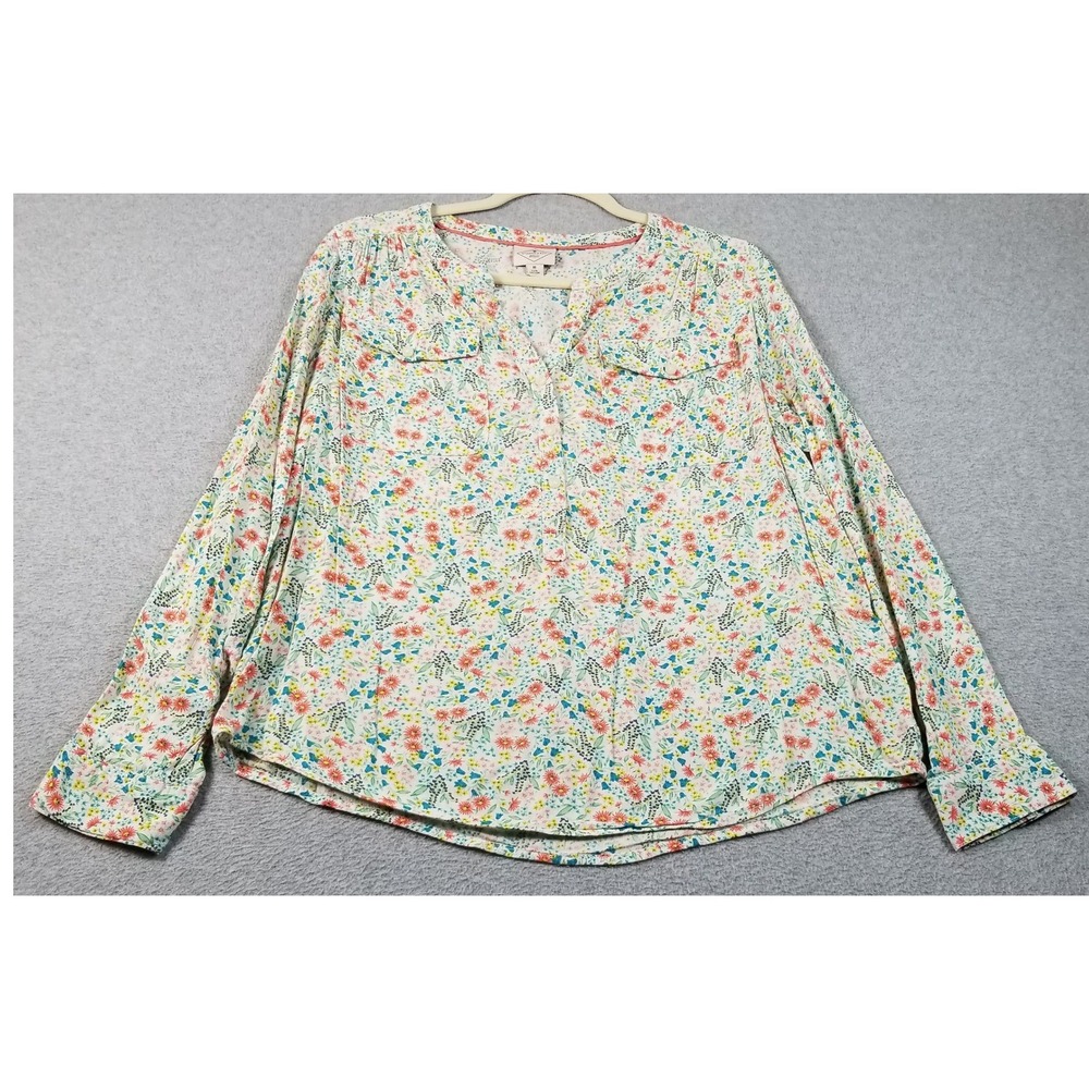 St. John's Bay Blouse Women Medium M Floral See Through Henley Top Casual Spring